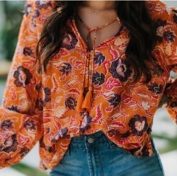 Cleobella Talia Floral Top With Ruffled Sleeves And A Tassel Tie Front - Picture 2 of 7